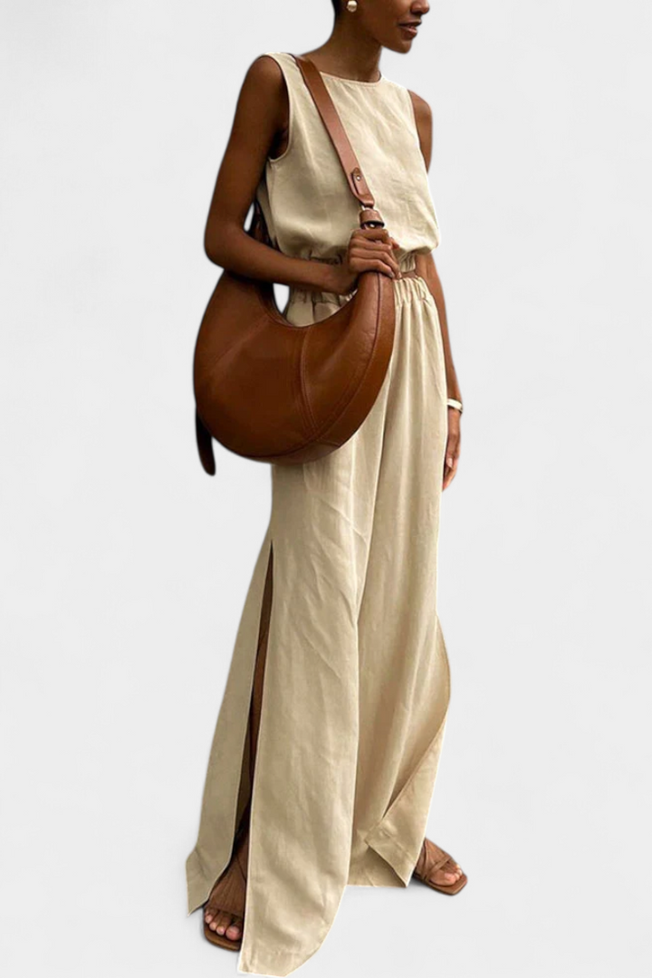 Nora Sleeveless Cotton-Linen Set with Wide-Leg Trousers