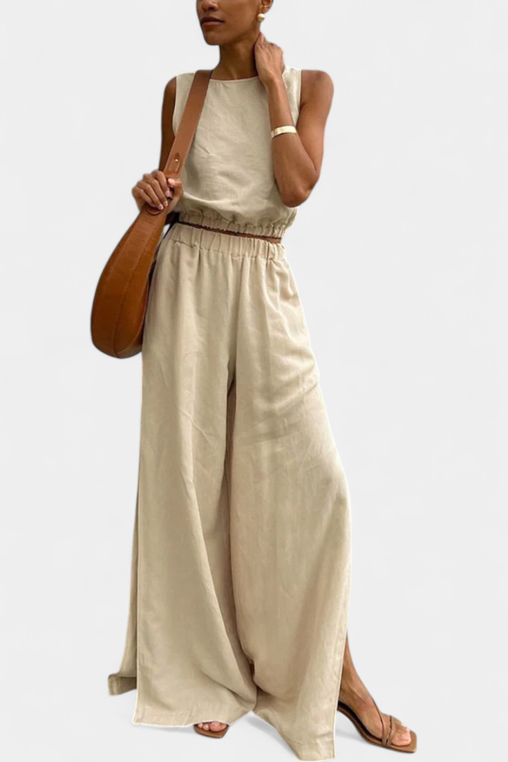 Nora Sleeveless Cotton-Linen Set with Wide-Leg Trousers