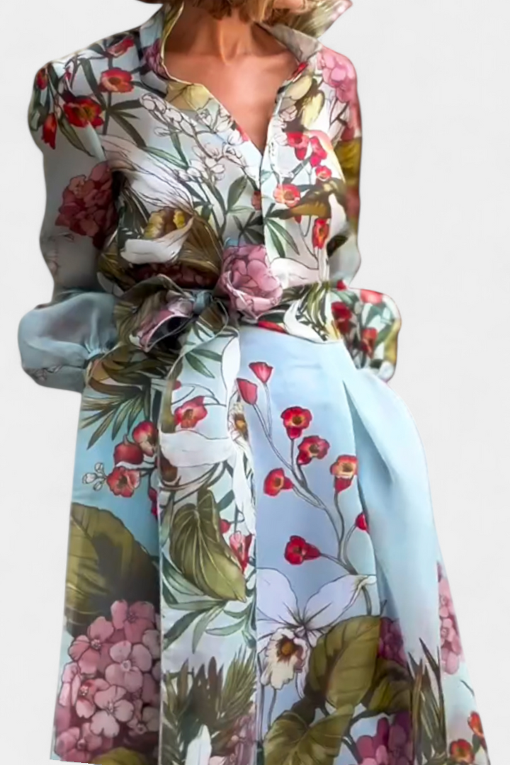 Gemma Botanical Print Ensemble: Belted Shirt and Palazzo Pants