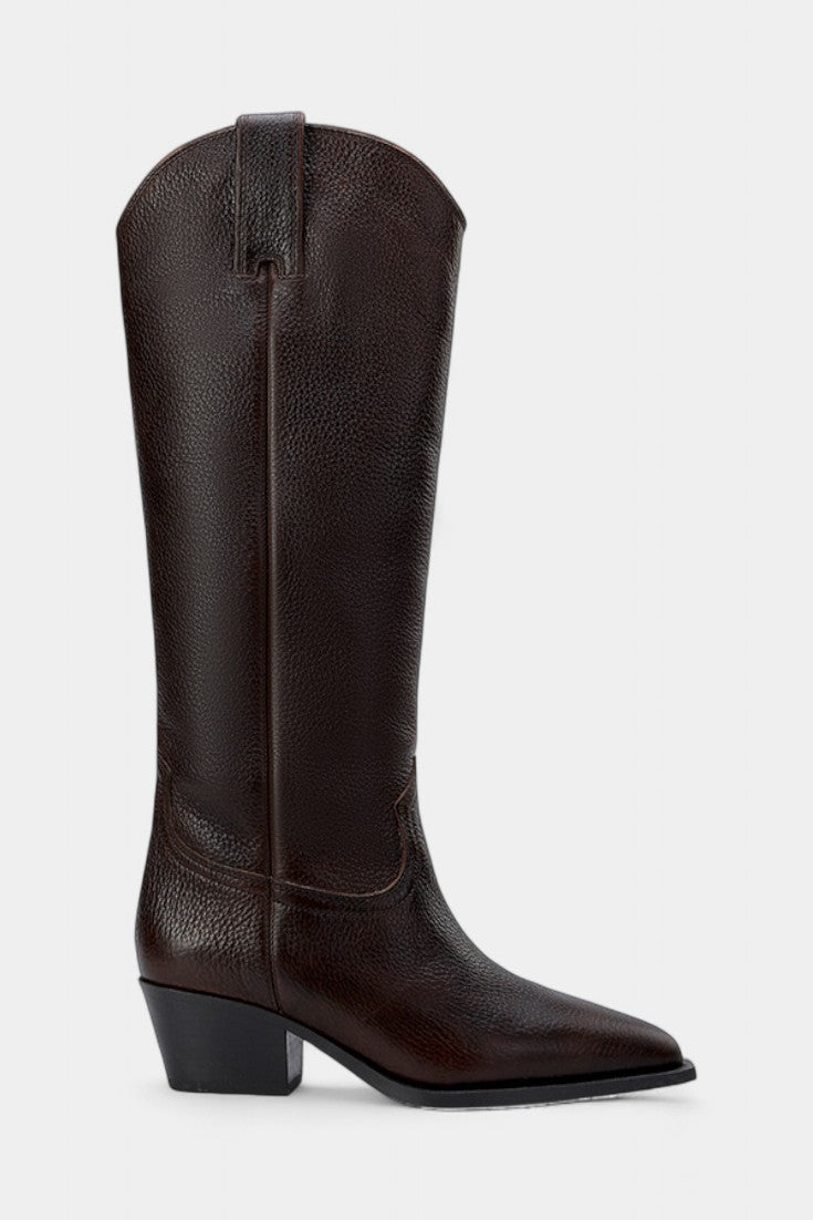 Cecilia Brown Leather Equestrian Boots with Pointed Toe and Low Heel Design