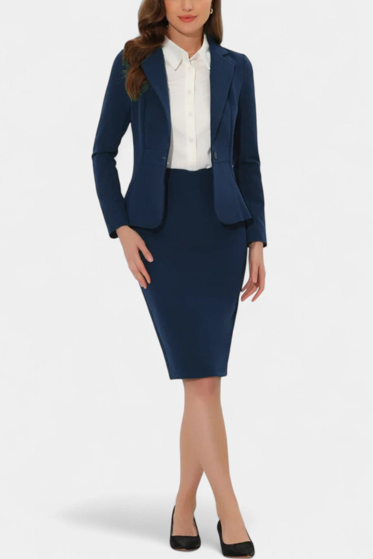 Sara Chic Blazer and Pencil Skirt Ensemble with Notched Collar