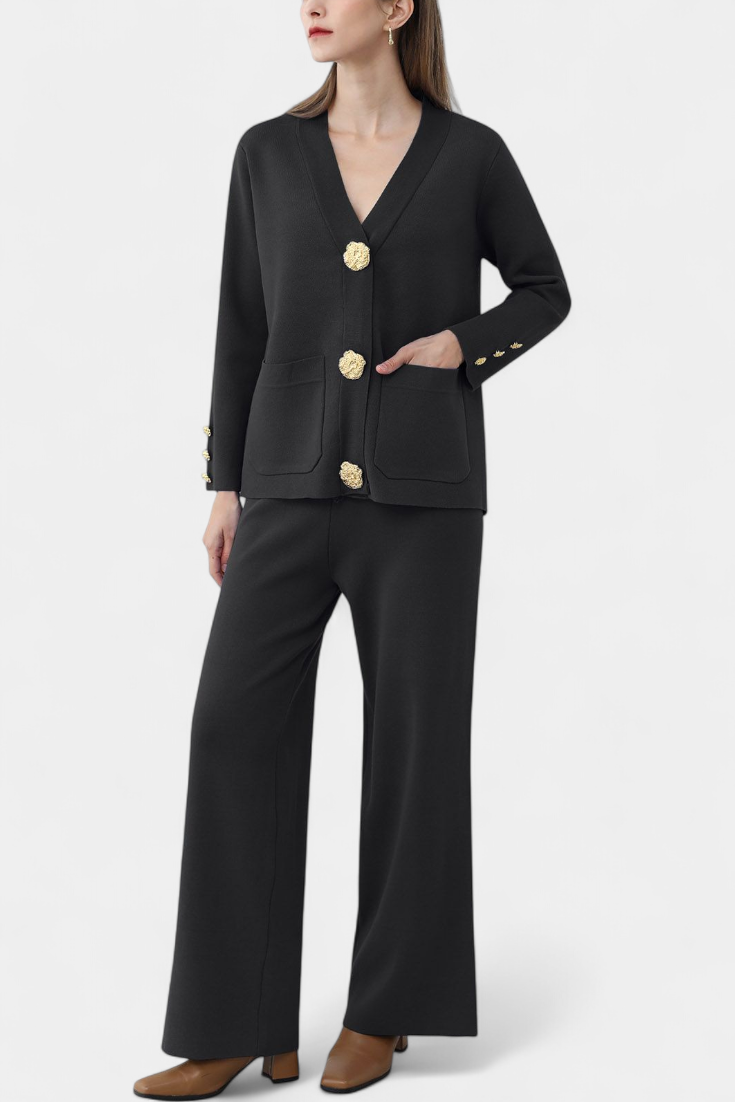 Luisella Classic Cardigan Set with Wide-Leg Trousers