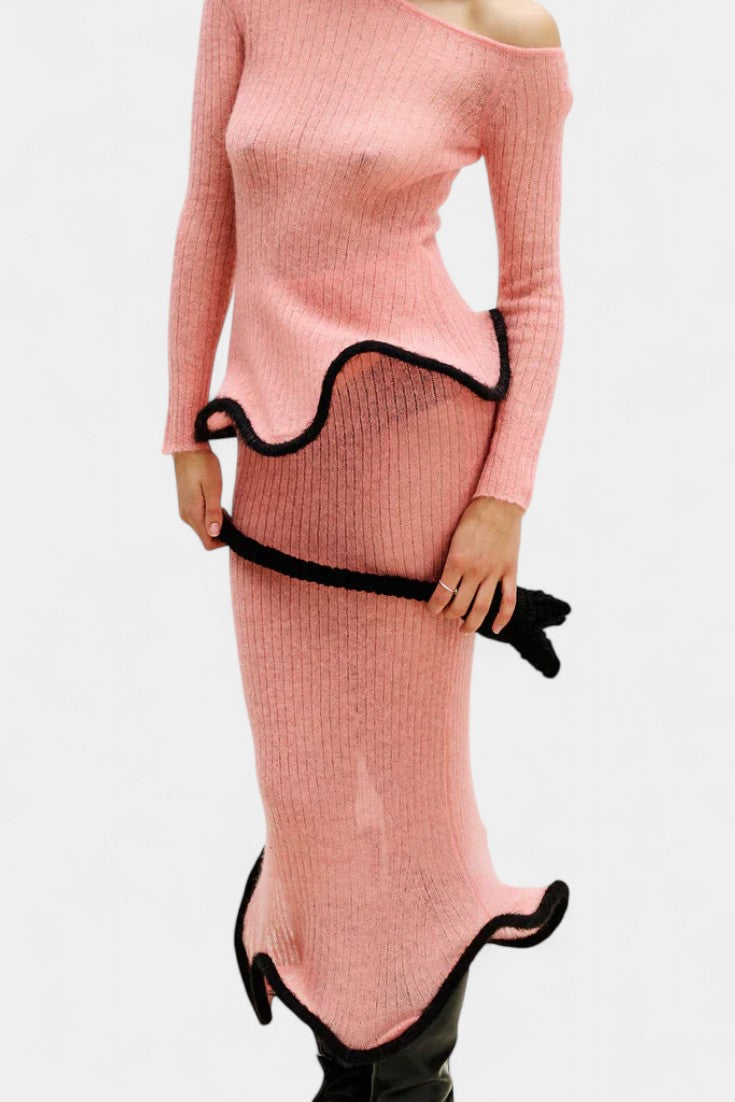 Ginevra Asymmetrical Knit Set with Ruffled Trim and Shimmering Midi Skirt