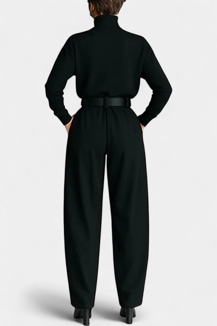 Renata Black High Collar Ensemble with Straight Leg Trousers