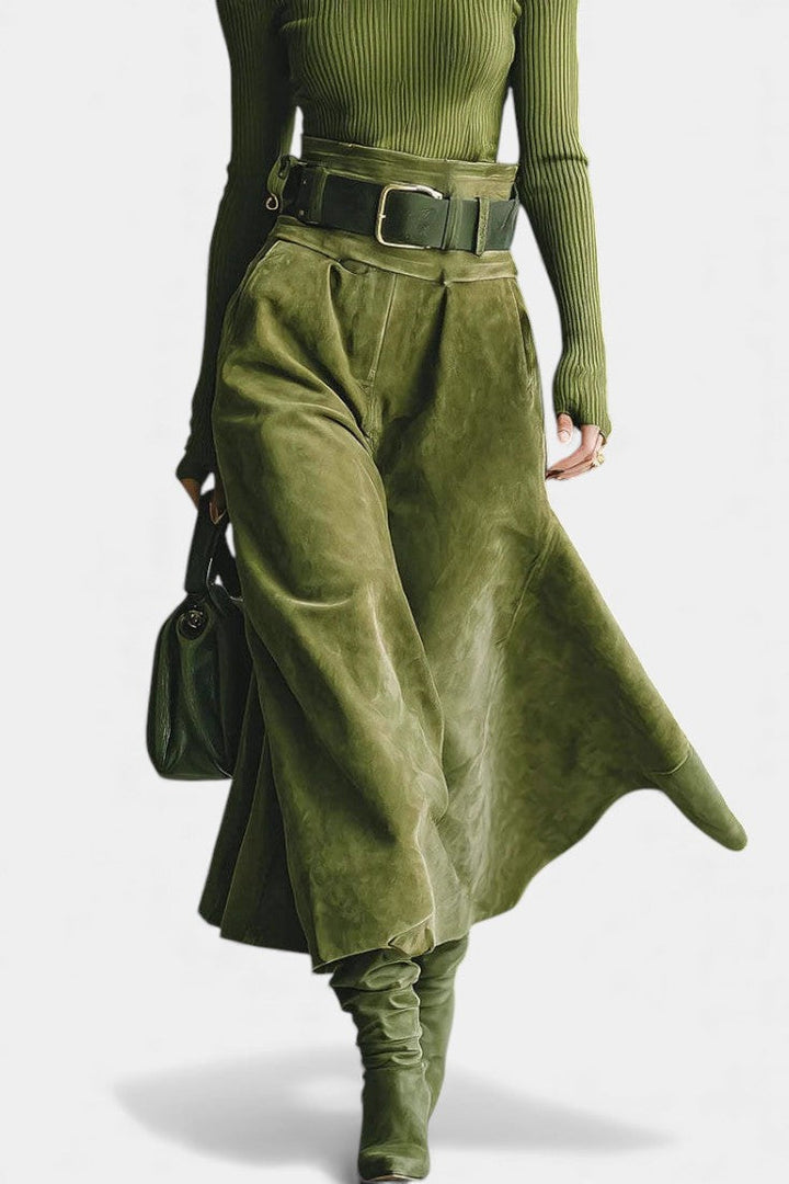 Teresa Olive Off-the-Shoulder Top with Midi Suede Skirt Ensemble
