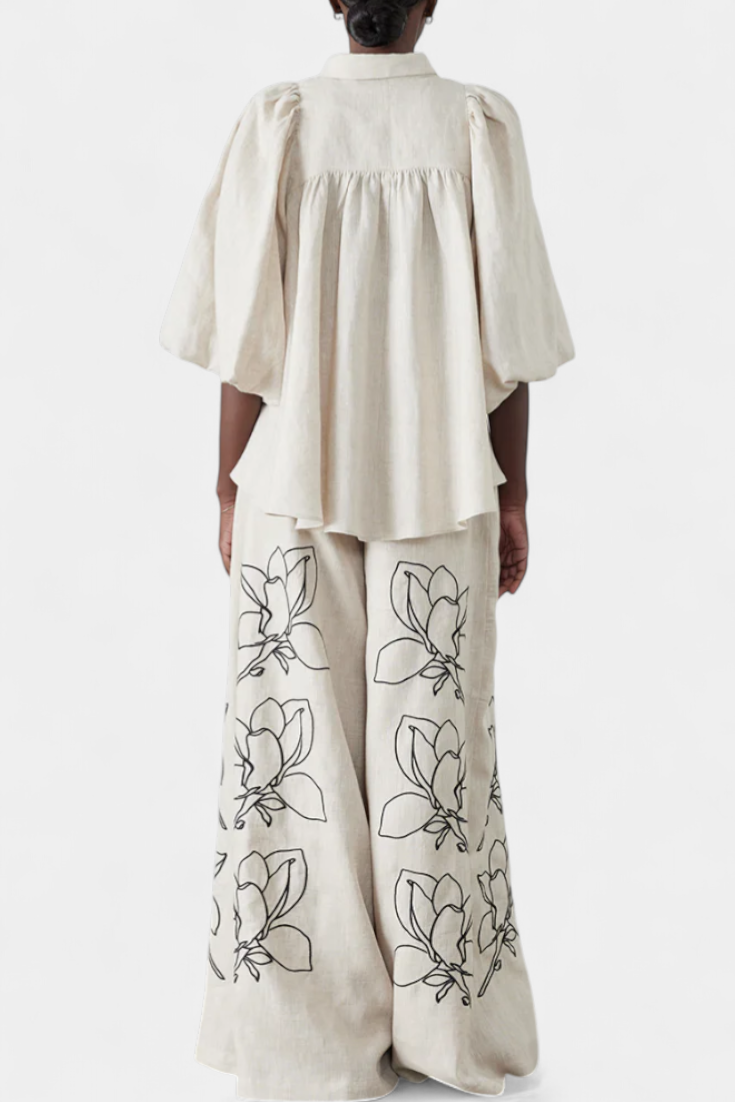 Miranda Puff Sleeve Blouse & Wide-Leg Floral Linen Pants Set