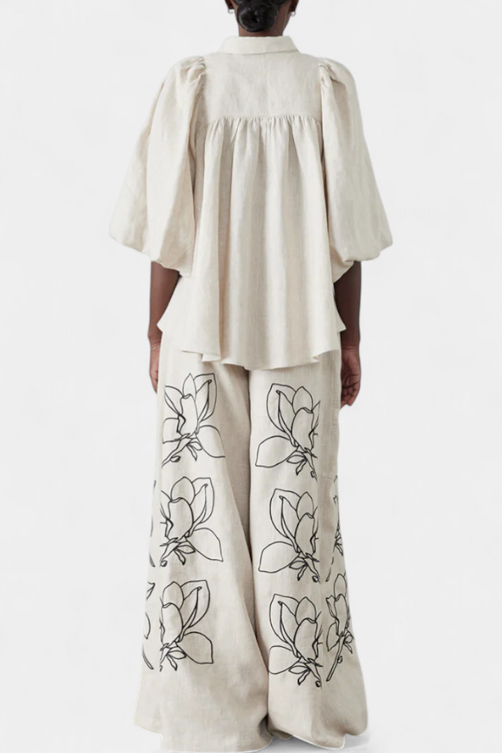 Miranda Puff Sleeve Blouse & Wide-Leg Floral Linen Pants Set