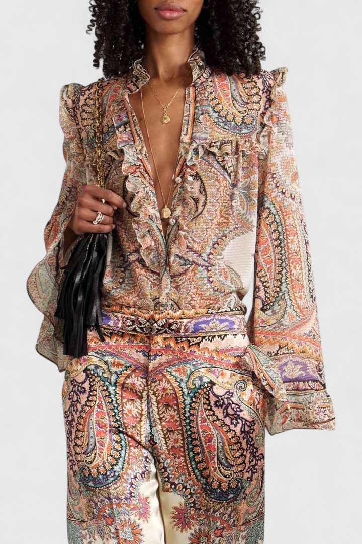 Elegant Paisley Print Ensemble with Charming Ruffled Blouse