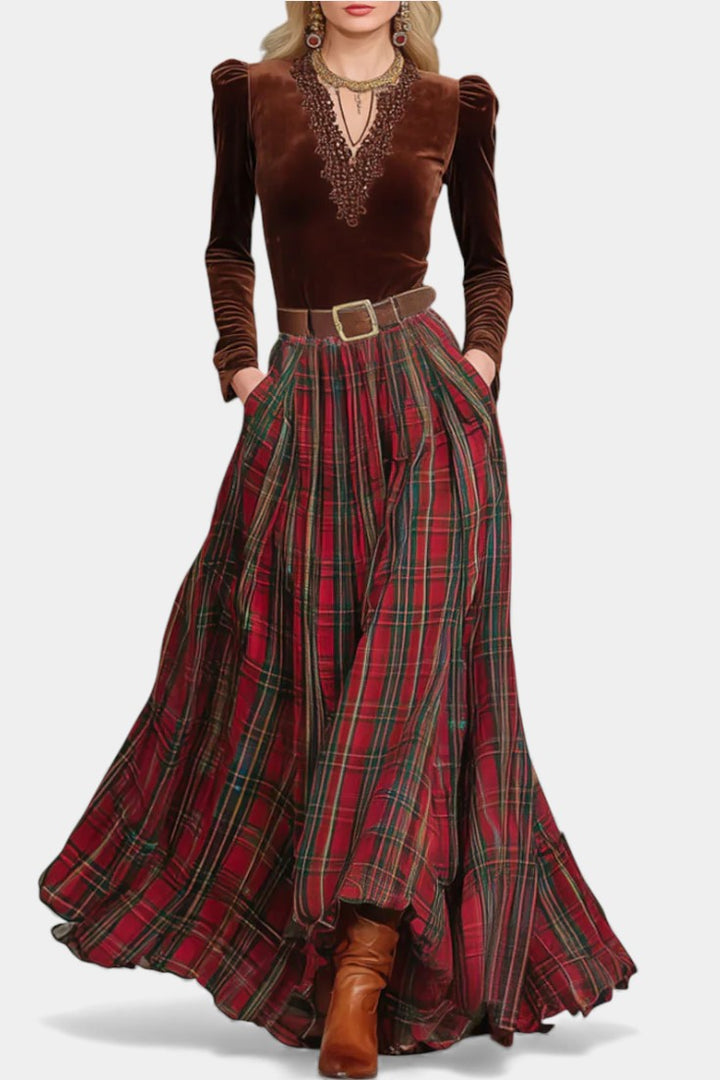 Giuliana Lace Ensemble with Red Checkered Skirt and Belt