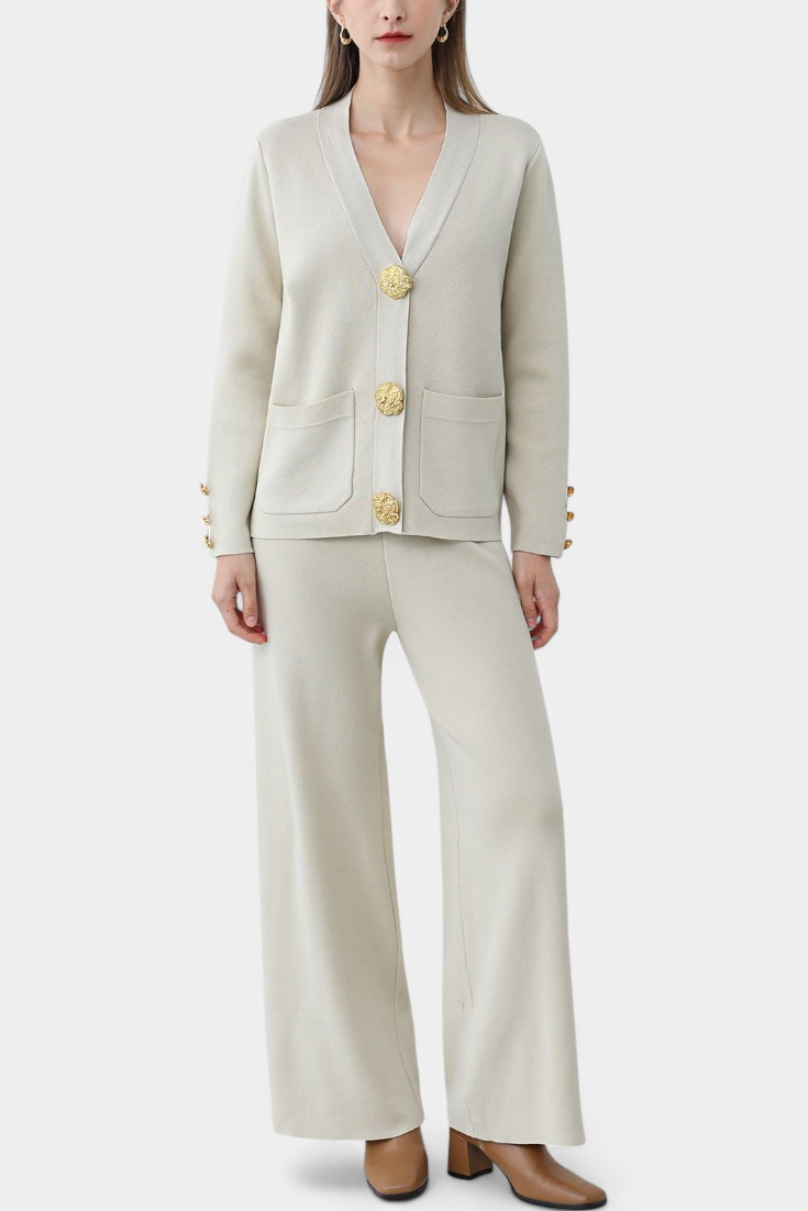 Luisella Classic Cardigan Set with Wide-Leg Trousers