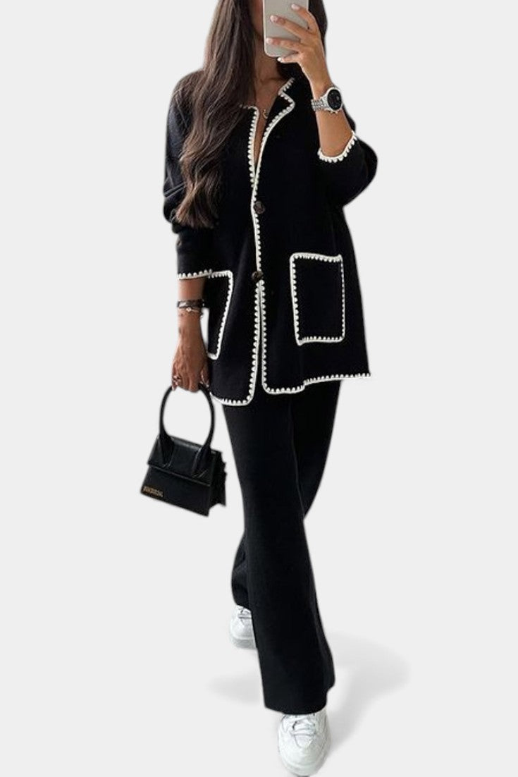 Clelia Two-Piece Ensemble: Trimmed Jacket and Casual Pants Set