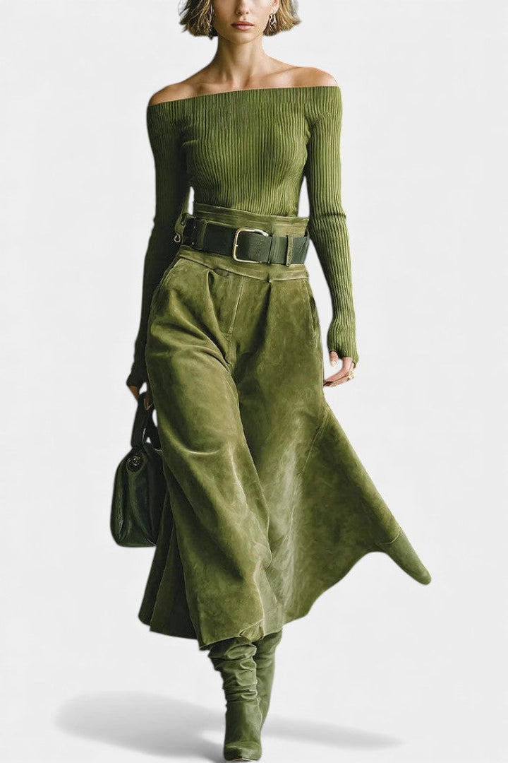 Teresa Olive Off-the-Shoulder Top with Midi Suede Skirt Ensemble