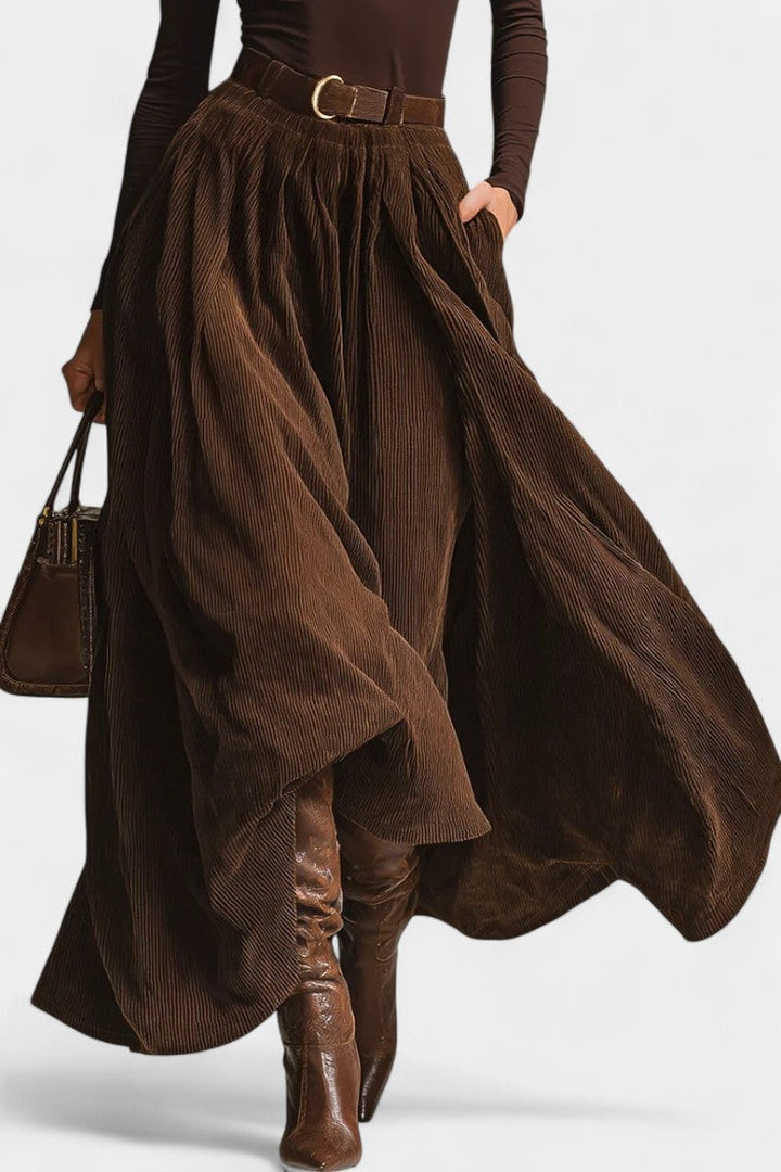 Olimpia Dark Brown Turtleneck Ensemble with Corduroy Skirt