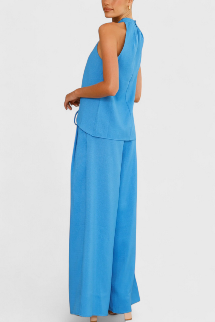 Lorena Linen Ensemble: Front Neckline Top with Wide Leg Pants