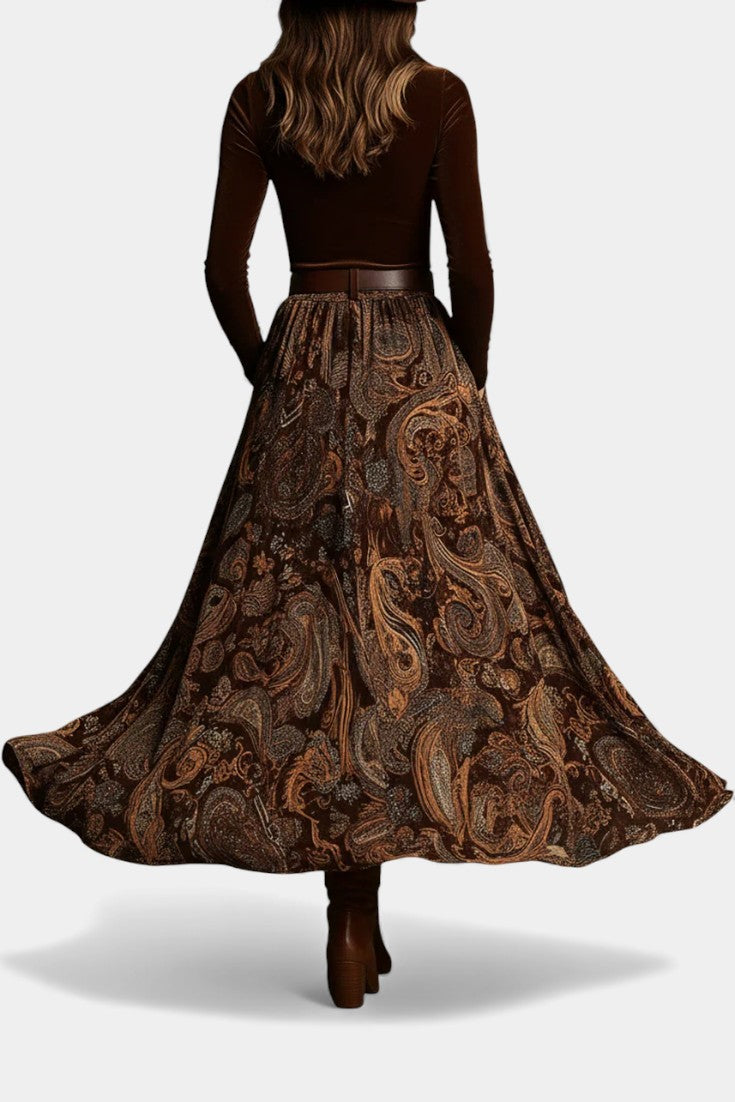 Flora Vintage Stretch Velvet Ensemble with Paisley Maxi Skirt