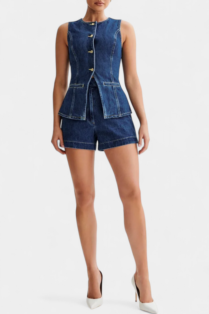 Chiara Denim Ensemble: Sleeveless Jacket & High-Waisted Shorts
