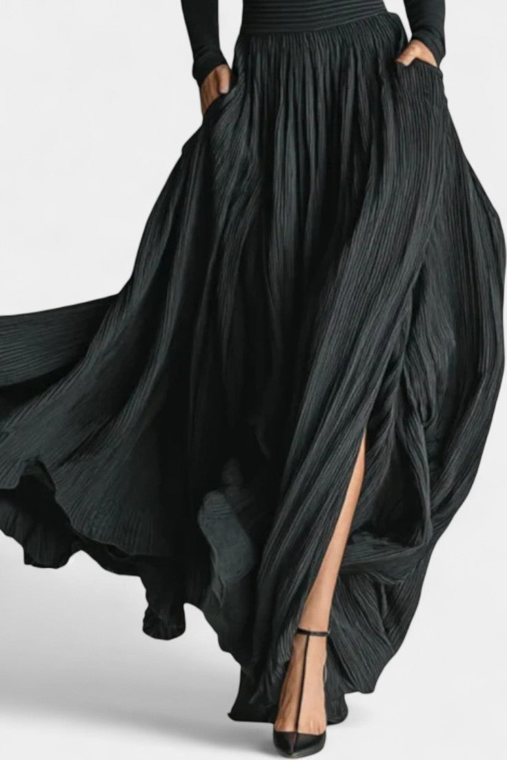 Rosa Black High Neck Set with Flowing Pleated Skirt