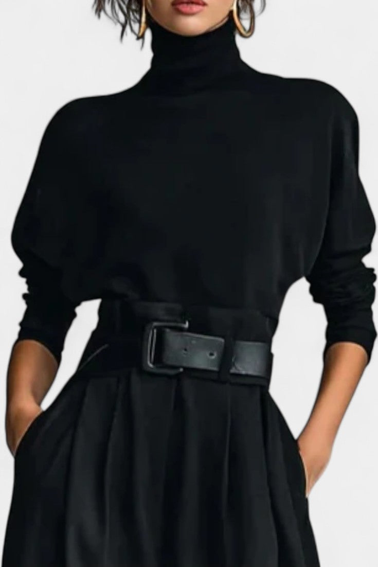 Renata Black High Collar Ensemble with Straight Leg Trousers