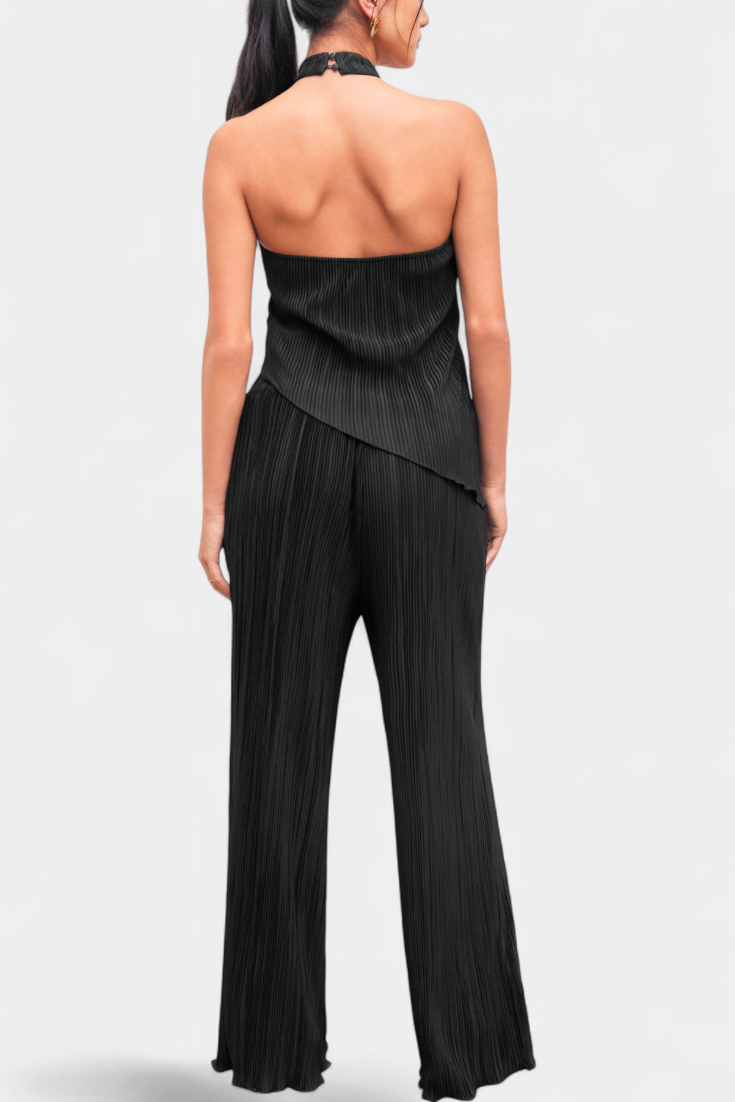 Nicoletta Halter Neck Asymmetrical Top with Wide-Leg Pants Set