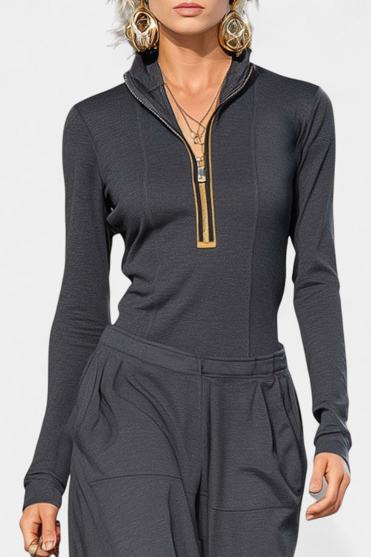 Sonia Dark Gray Set Featuring High Collar and Wide-Leg Trousers