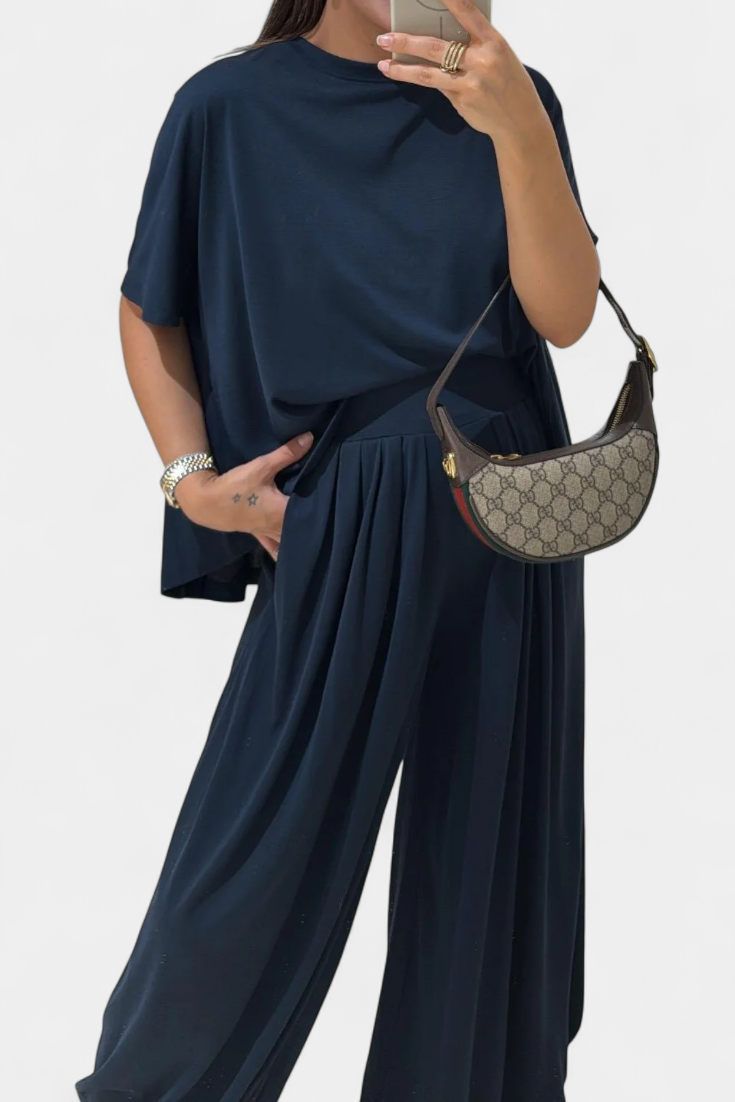 Gioia Minimalist Modal Ensemble: Straight Top & Wide-Leg Pants