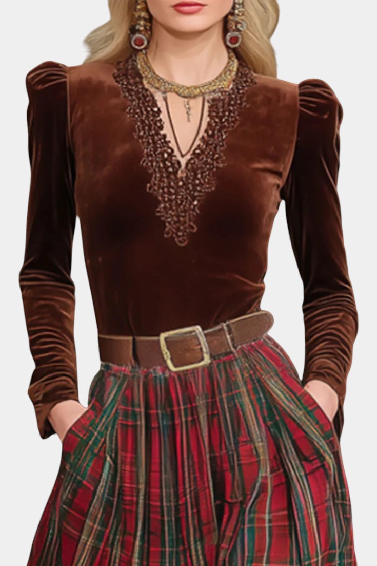 Giuliana Lace Ensemble with Red Checkered Skirt and Belt