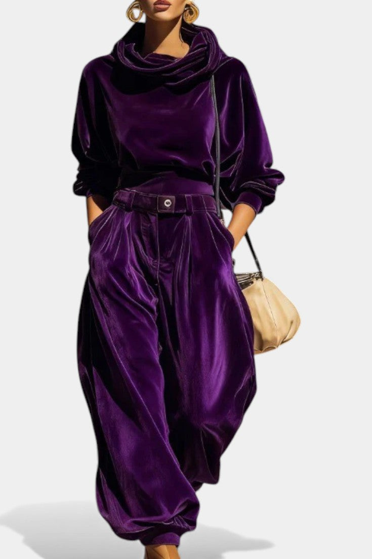 Sabrina Vintage Brown Velvet Hooded Ensemble with Relaxed Pants