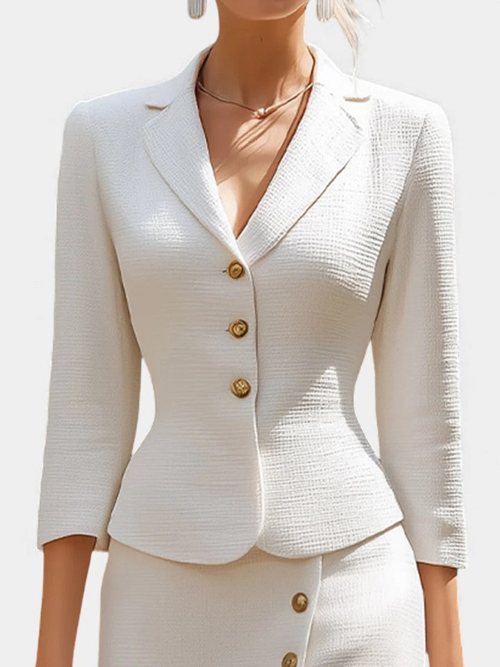 Veronica Chic Ecru Tailored Suit with Flowing Long Wrap Skirt