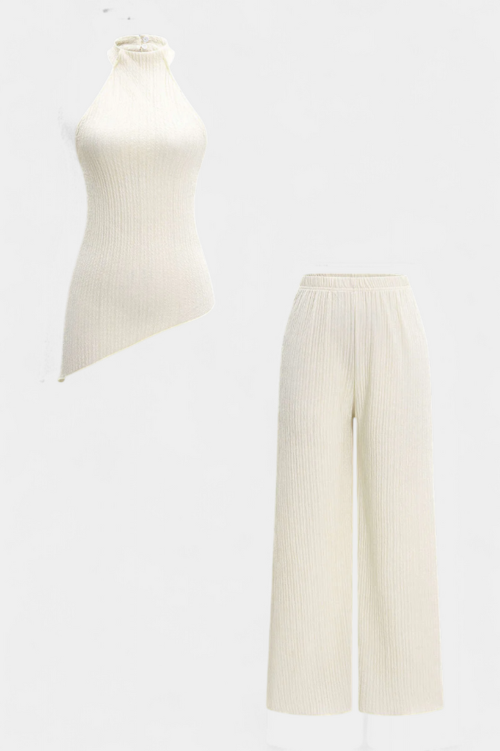 Nicoletta Halter Neck Asymmetrical Top with Wide-Leg Pants Set