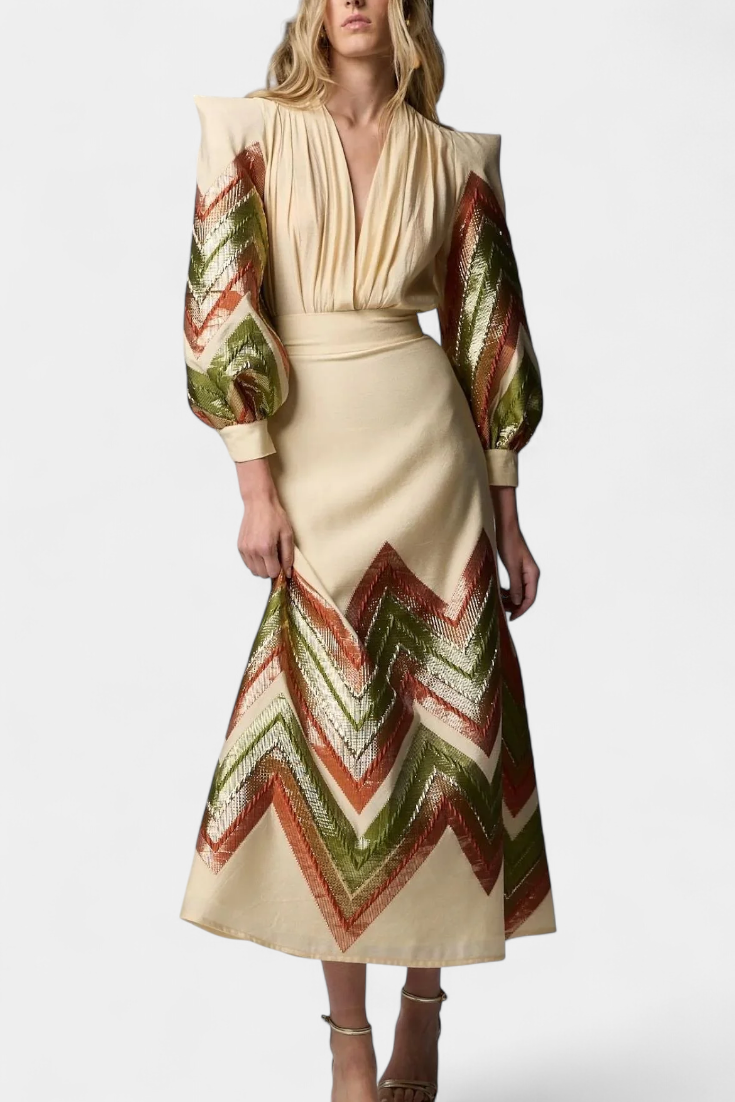 Laura Puff Sleeve Bodysuit with Chevron Print Midi Skirt