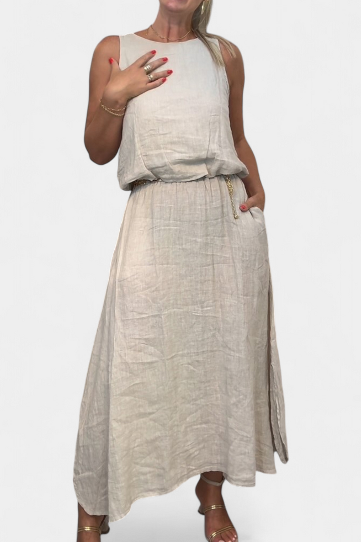 Martina Linen-Cotton Set with Sleeveless Vest and Maxi Skirt