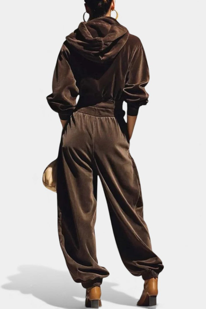 Sabrina Vintage Brown Velvet Hooded Ensemble with Relaxed Pants