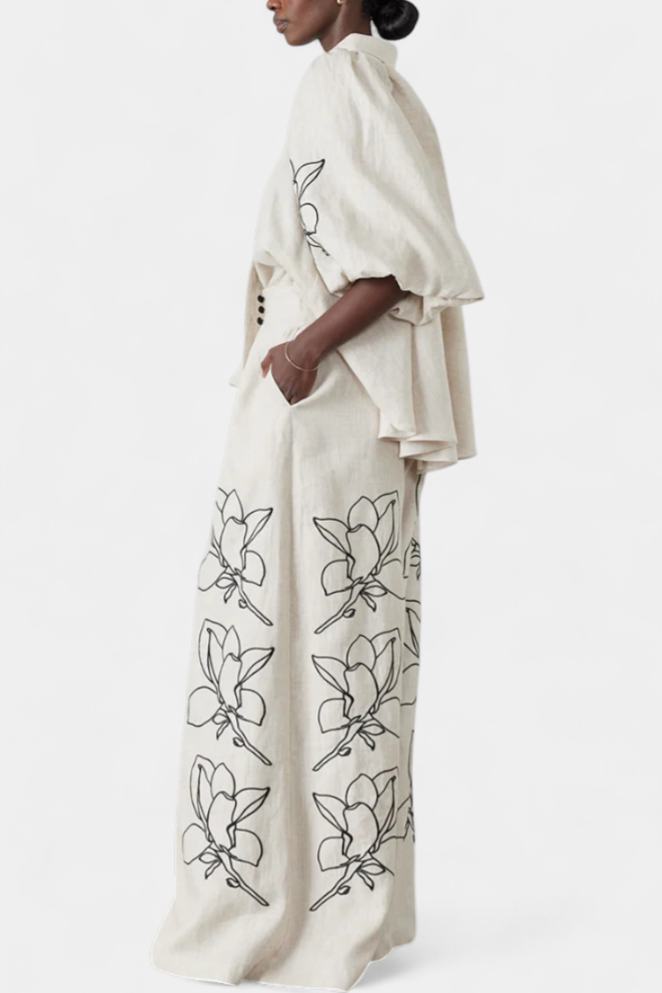 Miranda Puff Sleeve Blouse & Wide-Leg Floral Linen Pants Set