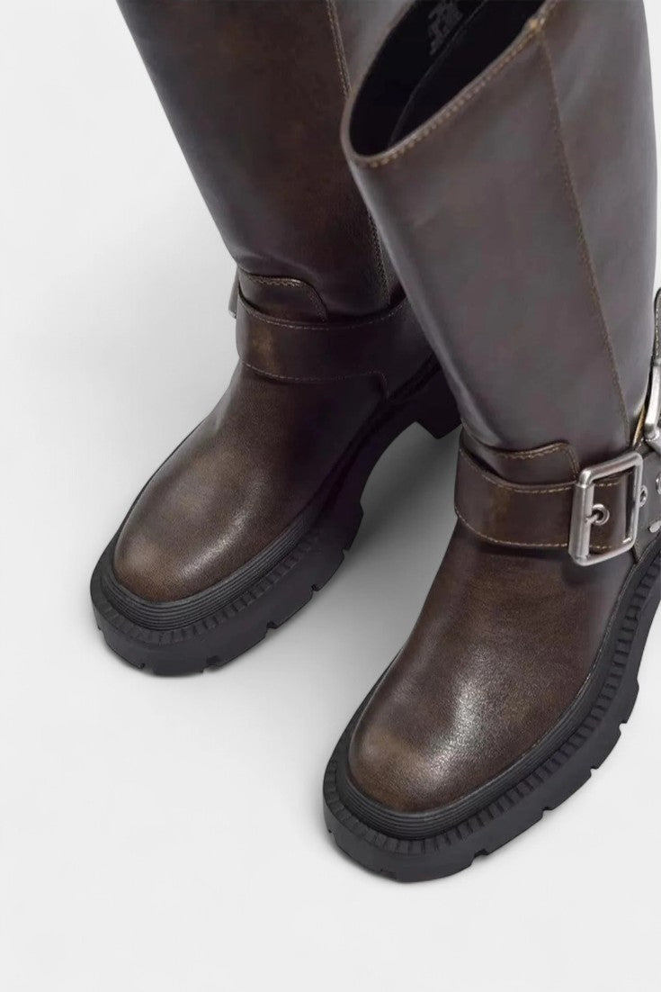 Caterina Strapped Mid-Calf Boots with Buckle Detail