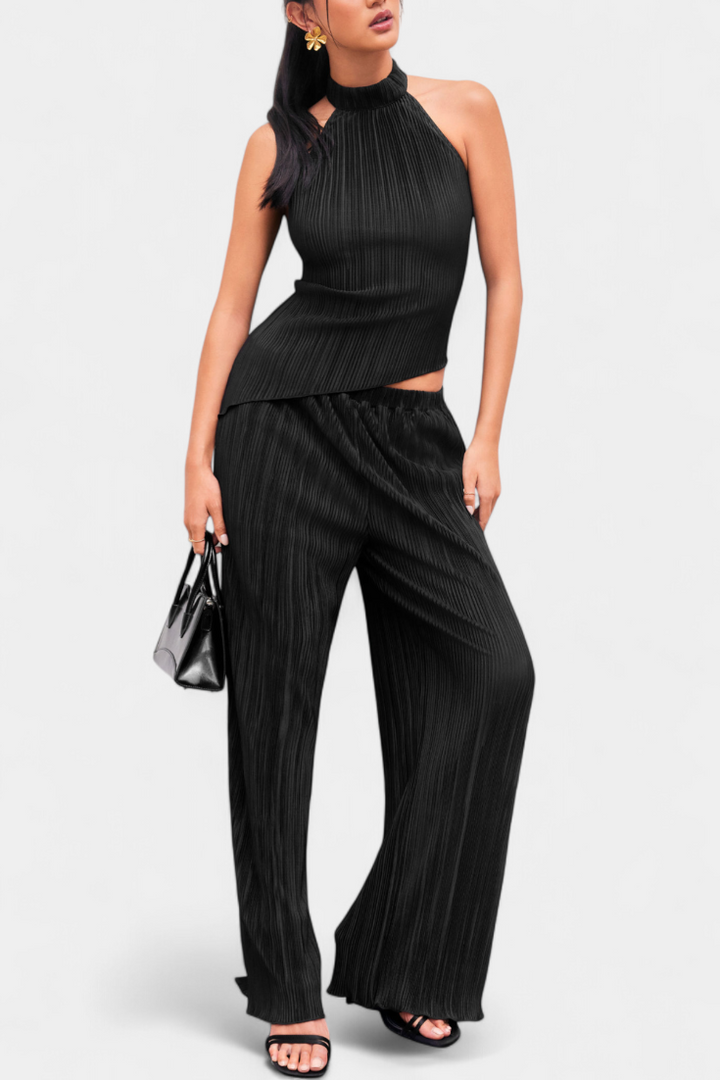 Nicoletta Halter Neck Asymmetrical Top with Wide-Leg Pants Set