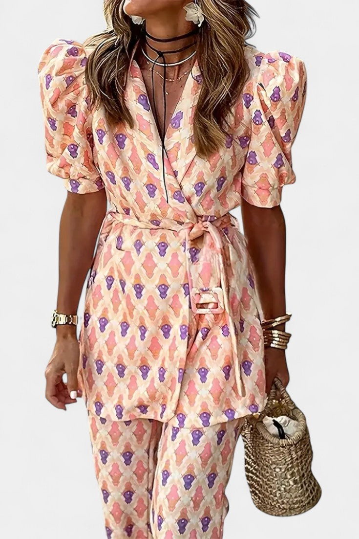 Iris Tailored Set with Puff Sleeves and Flared Trousers
