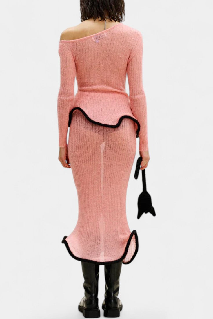 Ginevra Asymmetrical Knit Set with Ruffled Trim and Shimmering Midi Skirt