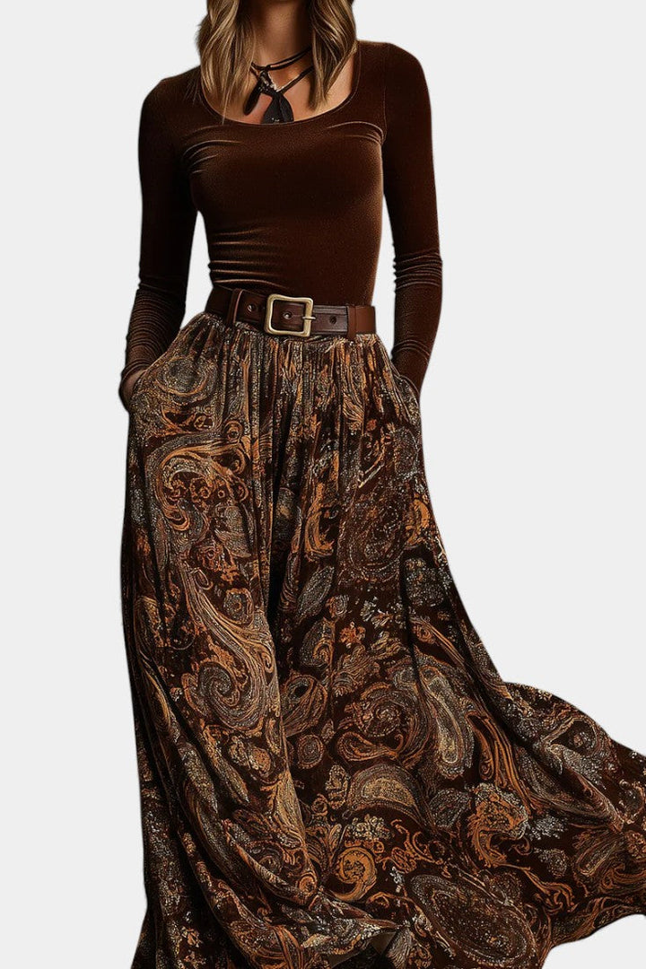 Flora Vintage Stretch Velvet Ensemble with Paisley Maxi Skirt