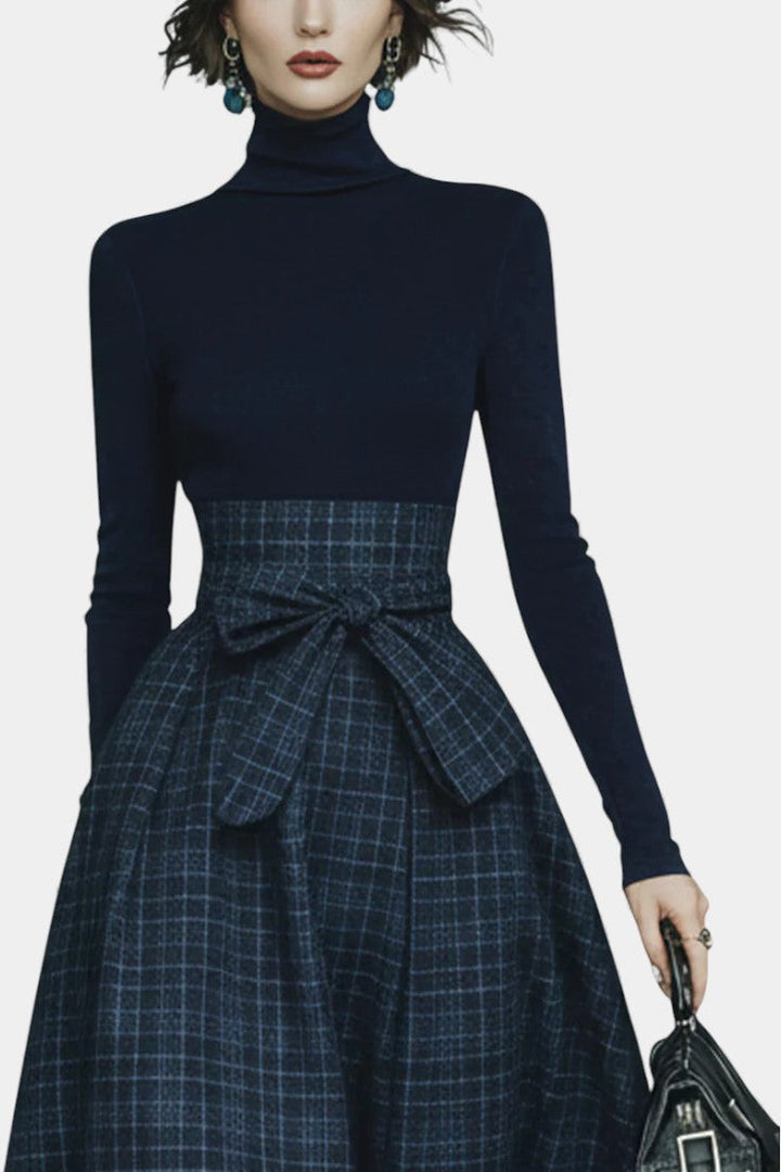 Viola Night Blue High Neck Set with Checkered Skirt