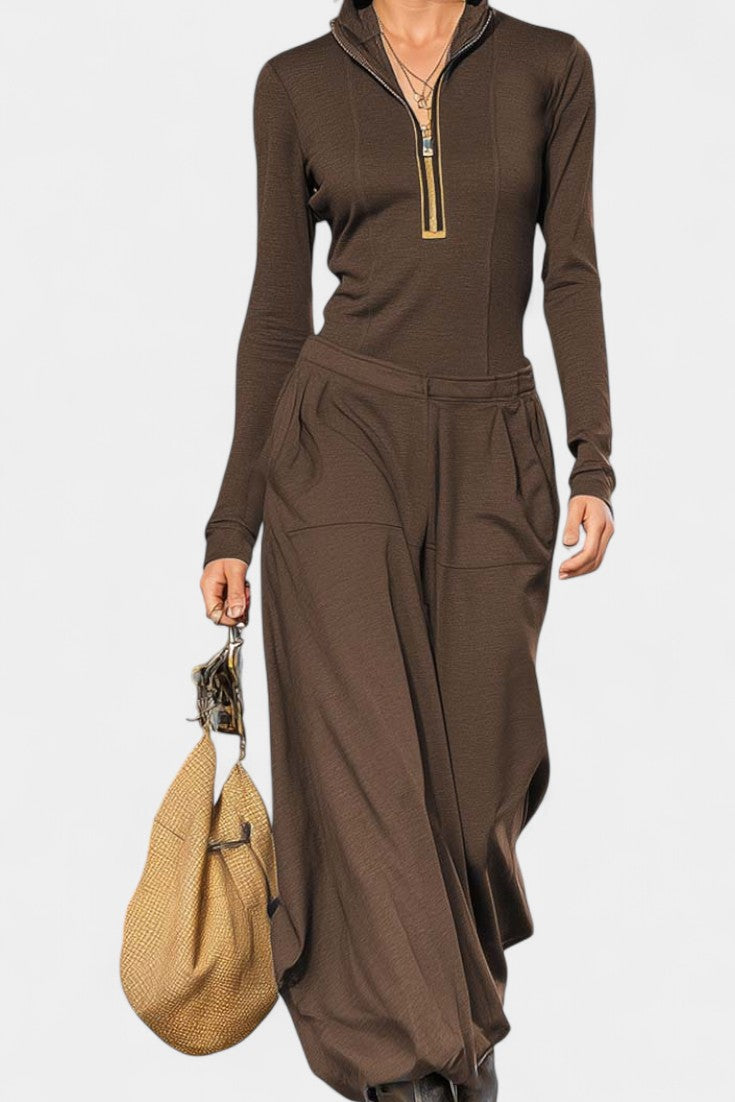 Sonia Dark Gray Set Featuring High Collar and Wide-Leg Trousers