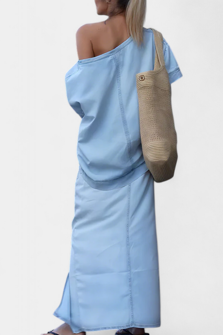 Perla Asymmetrical Denim Set with Long Skirt