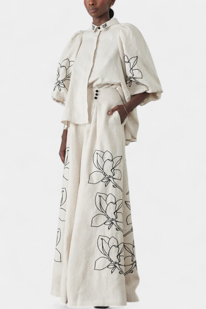 Miranda Puff Sleeve Blouse & Wide-Leg Floral Linen Pants Set