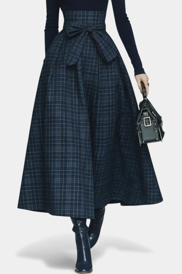 Viola Night Blue High Neck Set with Checkered Skirt