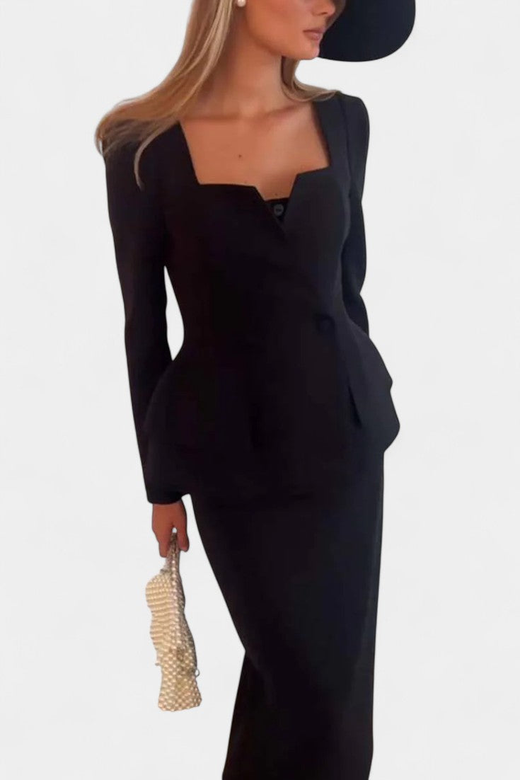 Olga Blazer Set with Square Collar and Flowing Long Skirt