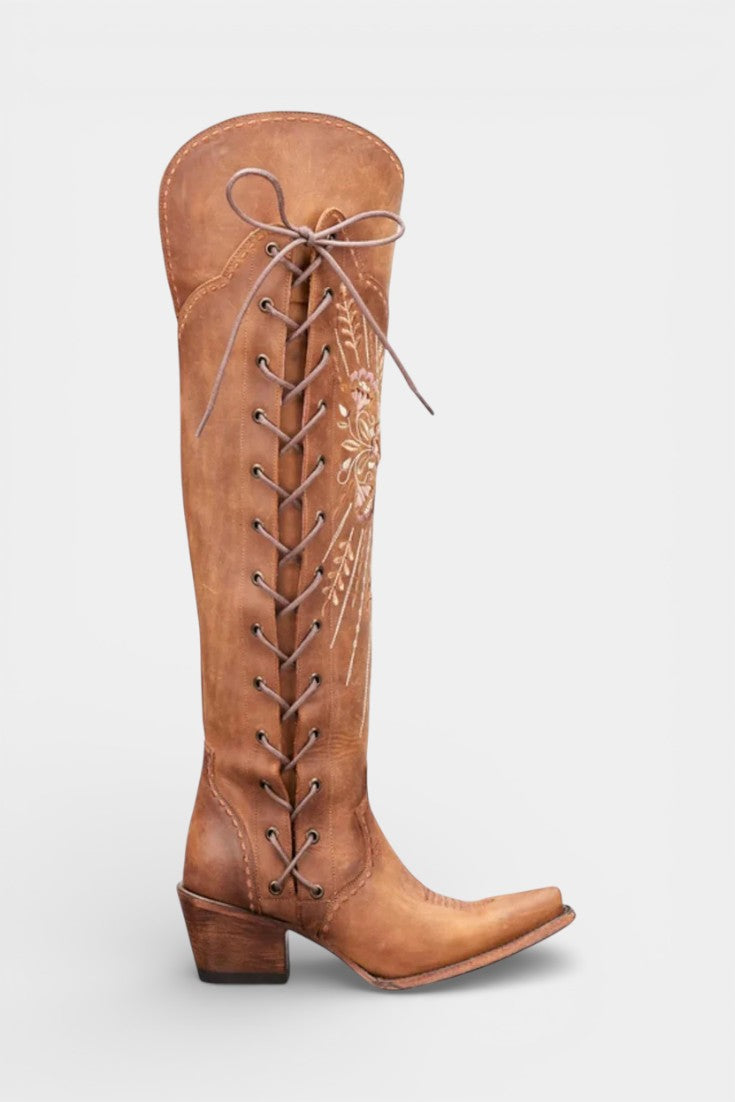 Flora Vintage Western Lace-Up Boots with Embroidery