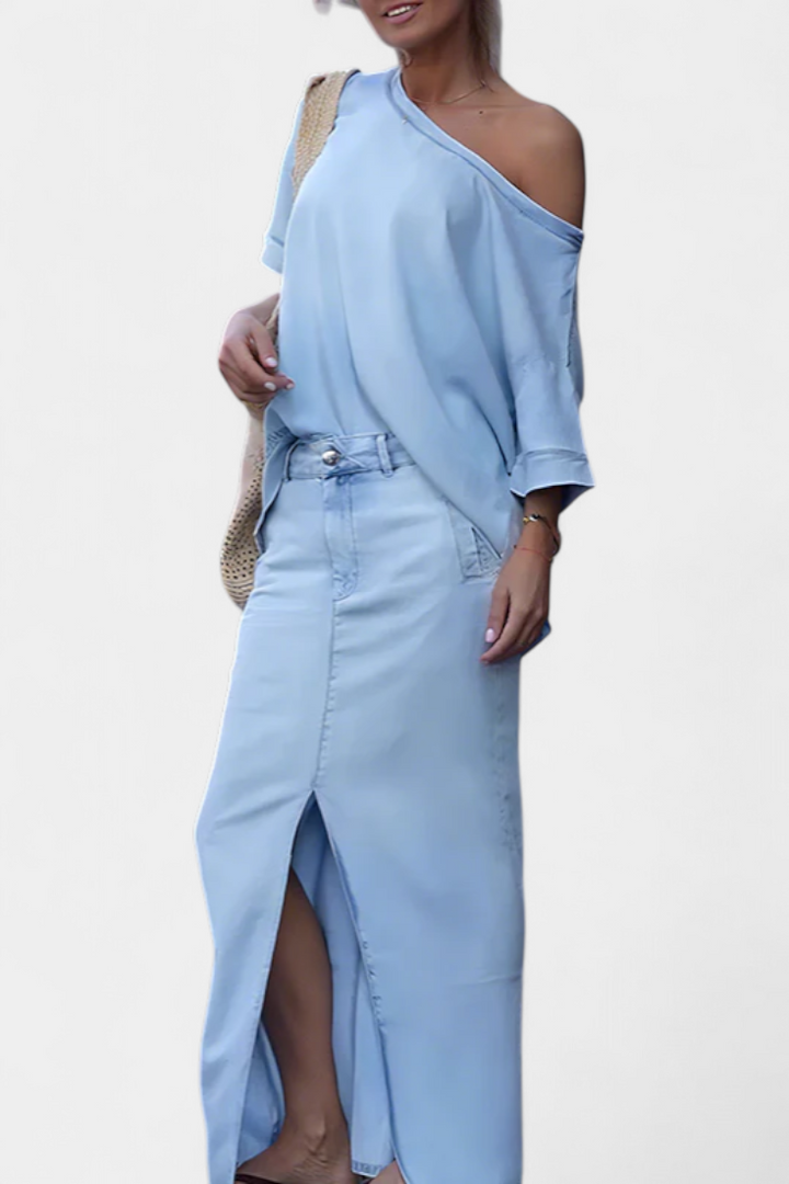 Perla Asymmetrical Denim Set with Long Skirt