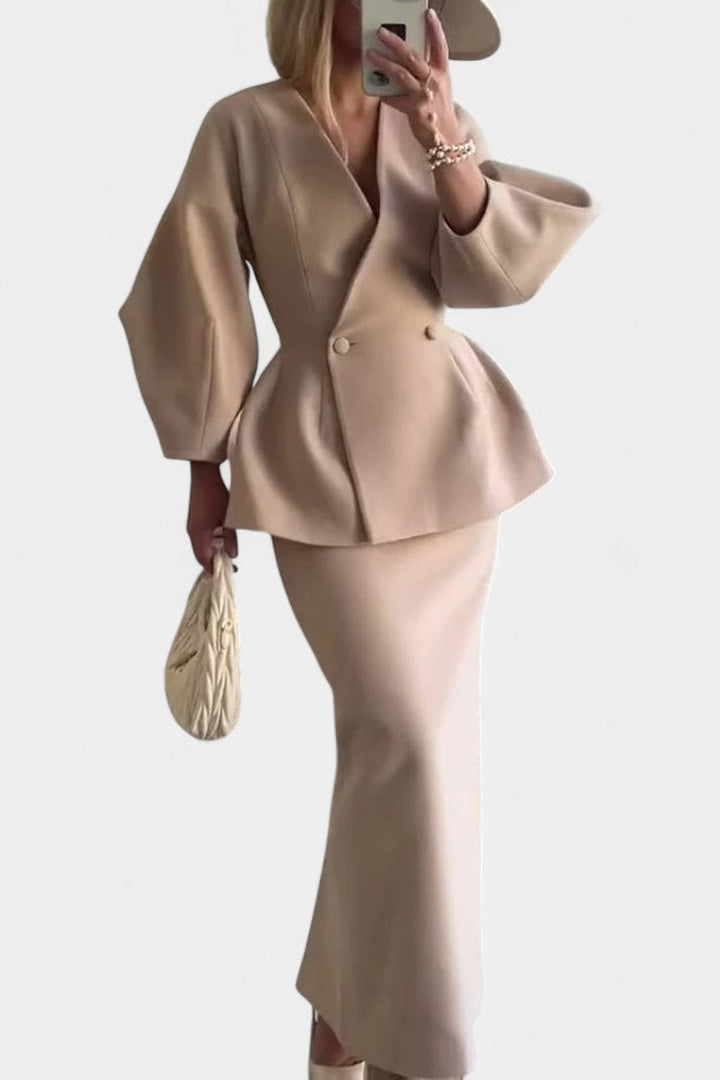 Sabina Chic Tailored Ensemble with V-Neck and Puff Sleeves