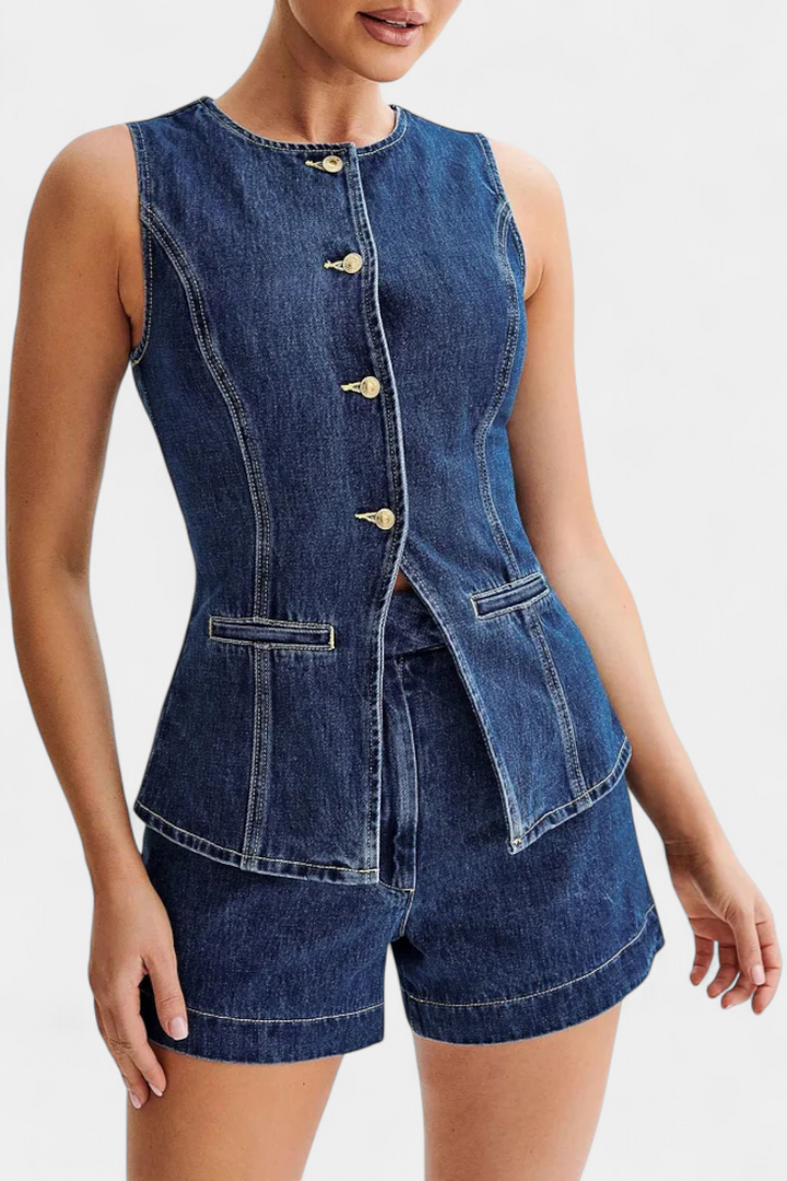 Chiara Denim Ensemble: Sleeveless Jacket & High-Waisted Shorts