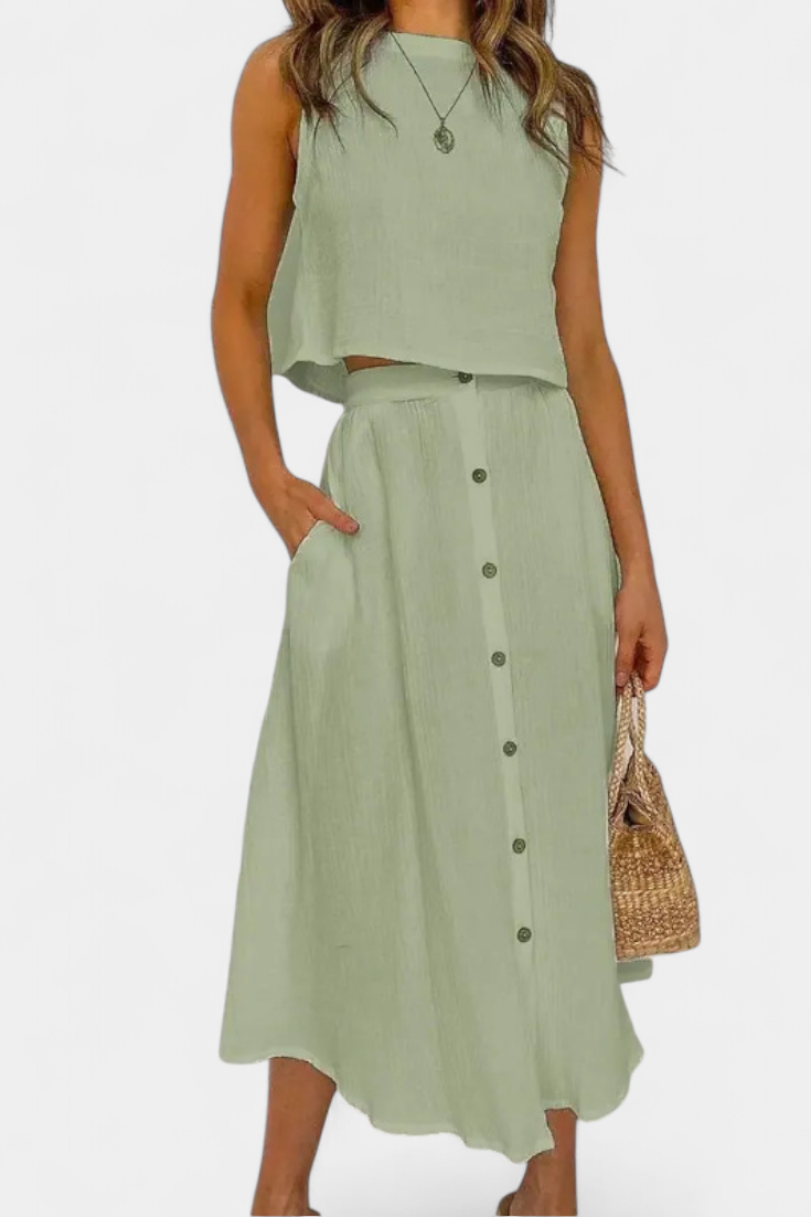 Nadia Casual Cotton Ensemble with Center Button Detail and Midi Skirt