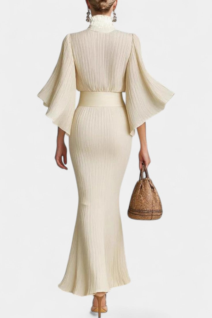 Valentine's Day Two-Piece Ensemble: High-Collar Pleated Top & Long Slit Skirt